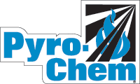 A blue and white logo for hyro-chem.
