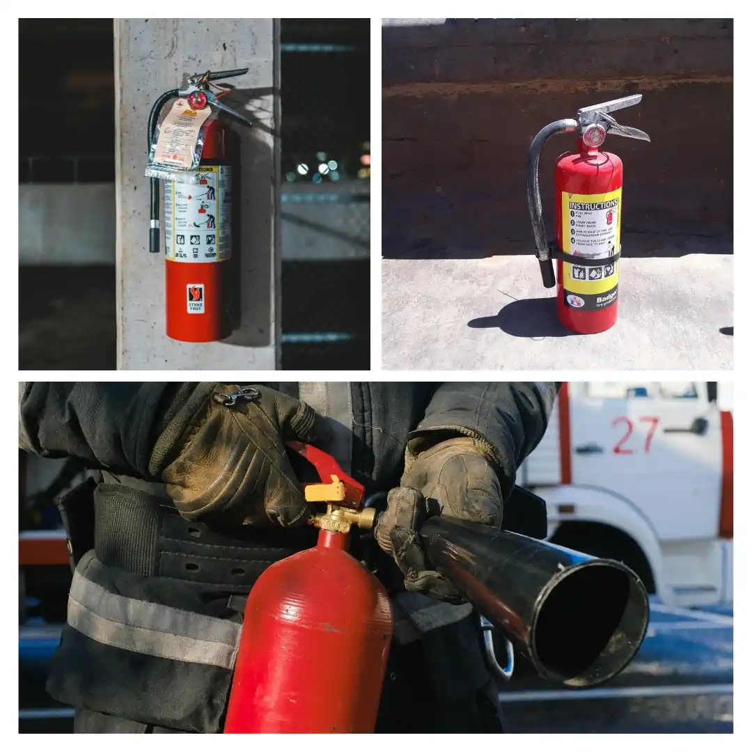 A collage of fire extinguishers and other equipment.