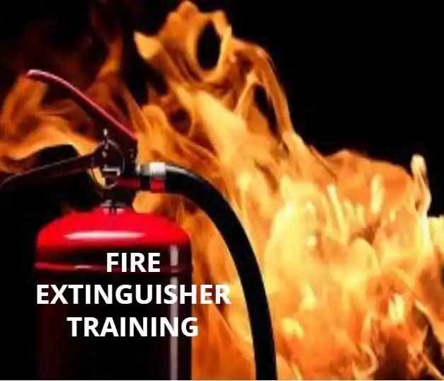 A fire extinguisher is shown next to flames.